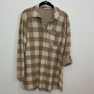 Soft Surroundings Buffalo Check Tunic Shirt Tan and Cream Size Small